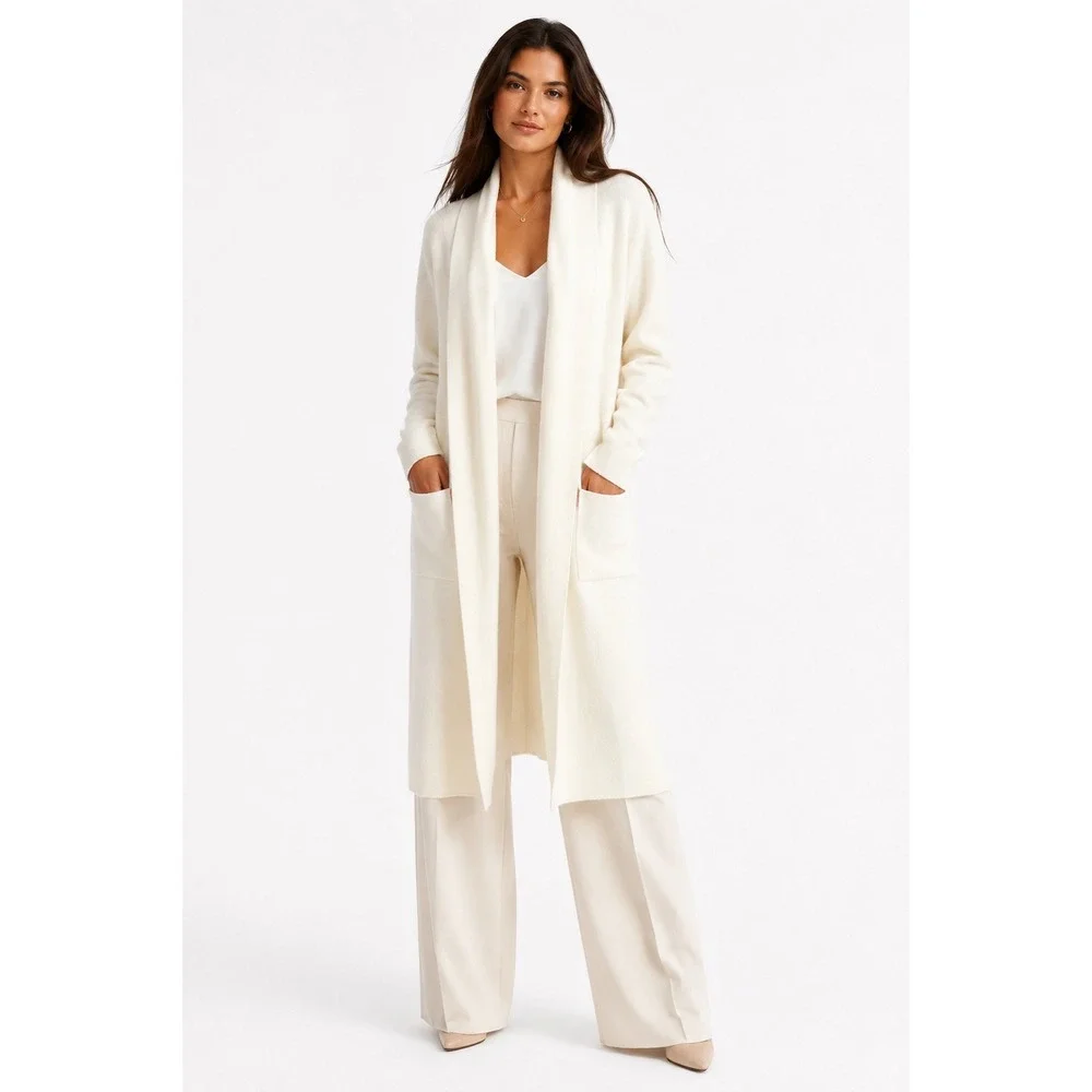 Zara Womens‎ Cream Longline Knit Duster Cardigan Shawl Collar Pockets Size S